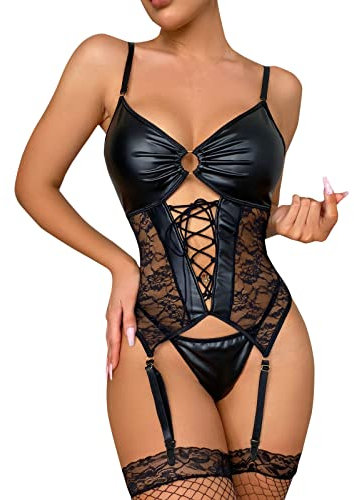 Sizoer Strapsen Dessous Set mit Strümpfen - Leder Wetlook Erotische Negligee Nachtwäsche String Babydoll Goth Clubwear Curvy Sexy Schlafanzug Reizwäsche