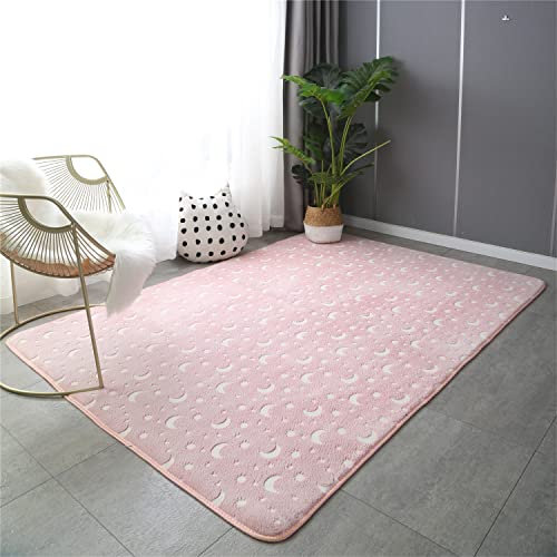 XMwike Tappeto che si illumina al buio rosa con luna per bambini, antiscivolo, per camera da letto e soggiorno, 120 x 60 cm