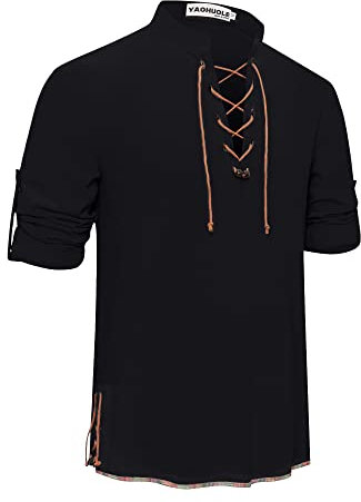 YAOHUOLE Linen Shirts for Men Smart Casual Long Sleeve Collarless Cozy Lace-up Shirts Plain Tops Cotton Classic Scottish Jacobite Ghillie Kilt Shirt Black L