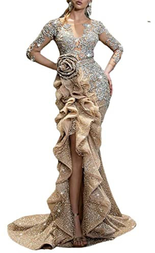NLAVW Abendkleider für Damen, lang, figurbetont, mit Rüschen, formelles Kleid, Ballkleid, Seitenschlitz, Glitzer, Party, Abschlussball, Kleid, Kleider, reife Kleider,Silber,XL
