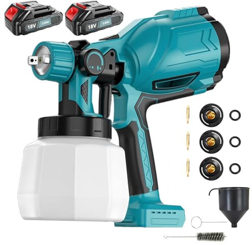Cordless Paint Sprayer with 2x 3.0Ah Battery and Charger, HVLP Powerful Spray Gun 1000ml, 3 Spray Patterns and Adjustable Valve Knob for Pattern,Glazes, Fence Spray, Compatible with Makita 18V Battery