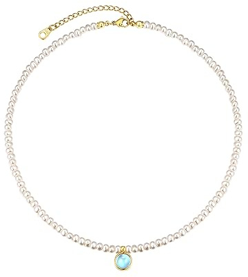 FOCALOOK Collana Donna di Perle, Ciondolo con Pietra Portafortuna, Collana con Perle dorate,Confezione Regalo