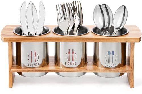 Lyellfe Silverware Holder for Countertop, Stainless Steel Cutlery Utensil Organizer with Bamboo Stand, Rustic Flatware Holder for Spoon, Fork, and Knife