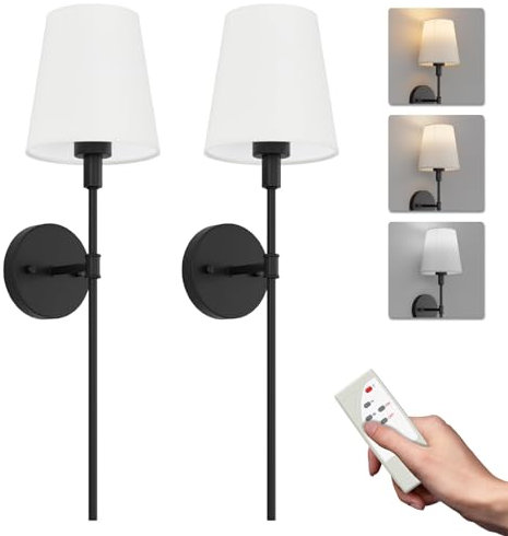 Aipsun 2 PCS 5500mAh Applique murale à piles avec abat-jour en tissu blanc,dimmable,Appliques murales sans fil avec télécommande,pour chambre à coucher,salle de bain,salon(Noir)