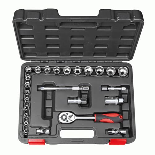 Valex Set Chiavi a Bussola SuperLock 25 Pezzi Nr.18 – Attacco 3/8 con Cricchetto Reversibile, Bussole 6–24 mm, Prolunghe, Snodo Cardanico e Valigetta