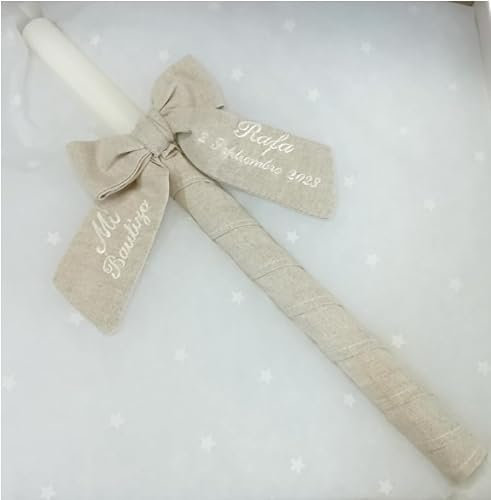 Vela para Bautizo Personalizada Nenel - Modelo Lino Rústico - Cirio Bautismal con Nombre y Fecha - Decorada