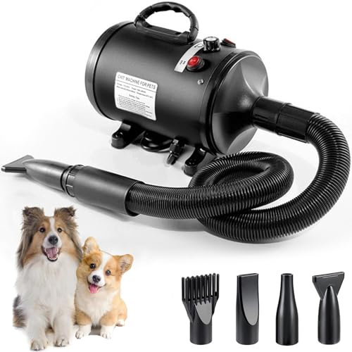 Jargrovs Hundegebläse, Haartrockner für Hunde, 2800 W, professionell, Trockner für Hunde, Geschwindigkeit und Temperatur einstellbar, leiser Hundegebläse mit 4 verschiedenen Düsen (schwarz)