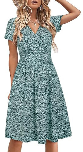STYLEWORD Women's Summer Dress Short Sleeve V-Neck Sundress Floral Wrap Waist Casual Dress with Pockets(Floral26,X-Large)
