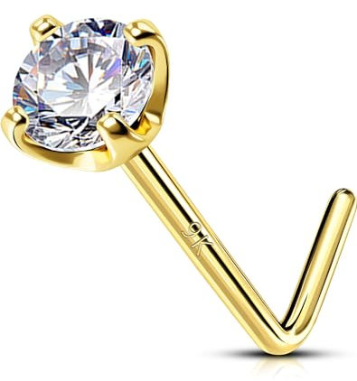OUFER Body Piercing 0.6mm Nose Piercing Stud 9K Solid Yellow Gold Claw Set Round Crystal Stone 22G L Bend Nose Stud Piercing Jewellery Nose Bar