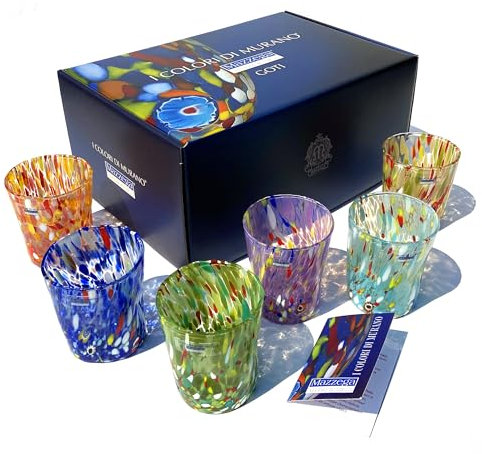 MAZZEGA ART & DESIGN - 6 Bicchieri Tumbler Colombina in Vetro Soffiati e Lavorati a Mano con Murrine di Murano, linea “I Colori di Murano” 350 ml. Made in Italy (MIX+BOX, 6)