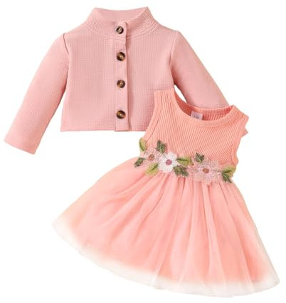 JiAmy Bébé Fille Robe Robes sans Manches en Tulle Floral Automne Hiver Manteau Cardigan à Manches Longues Ensemble 2 pièces 12-18 Mois Rose