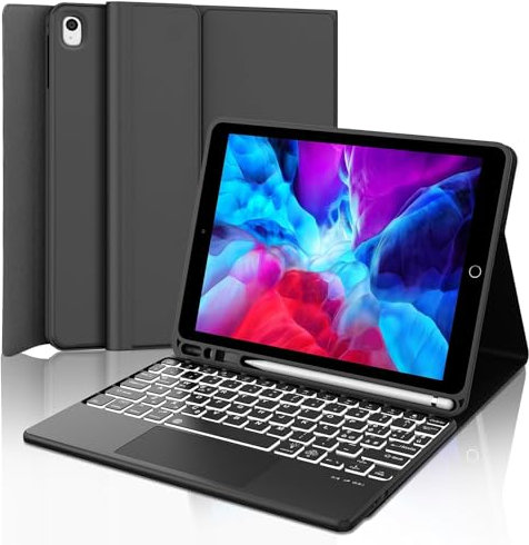 IVEOPPE Hülle Tastatur für iPad 10.2 Zoll (9/8/7 Generation), Air 3rd und Pro 10.5, Wiederaufladbare Abnehmbare BT-Tastatur Mit Touchpad, Deutsches QWERTZ-Layout, Schwarz