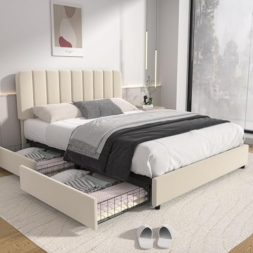 VECELO Lit Double Rembourré 140 x 190 cm avec 4 Tiroirs et Tête de Lit Réglable, Cadre de Lit en Velours, Support à Lattes en Bois Solide, Facile à Assembler, Beige