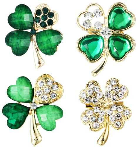 4 Stück Vierblättriges Kleeblatt Brosche, Grüne Strass Brosche, Kristall Brosche, Weihnachtsbrosche, Brosche Symbol des Glücks, für Frauen, Mädchen