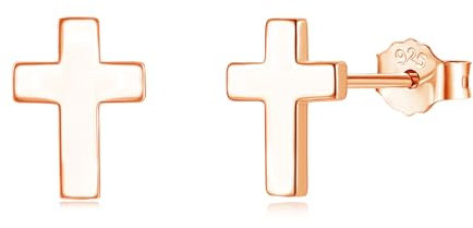Cangall Silver Stud Earrings for Women Girls Teen, Rose Gold Cross Stud Earrings, Hypoallergenic Earrings Rose Gold, Size: 6mm x 8mm - Unisex Small Simple Cartilage Sleeper Cross Studs Earrings