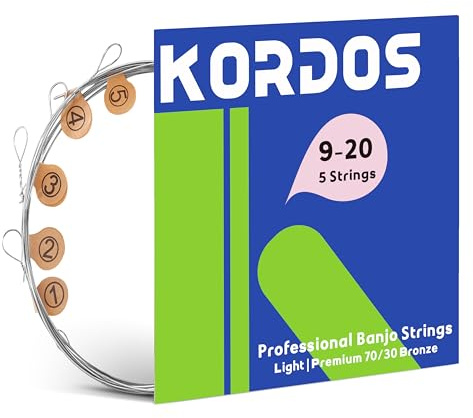 KORDOS Banjo Strings 5 Strings Set Loop End, Light Gauge Nickel Plated Steel, Vacuum-Sealed Packing Long Life - 70/30 Phorsphor Bronze, Hex Carbon Steel Core, 9-20