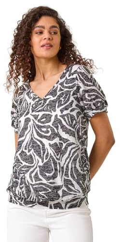 Roman Blouson Top for Women Ladies Bubble Hem Stretchy Jersey Puff Sleeve Summer Smart Casual Office Work Spring Everyday Evening Vacation Work Holiday V Neck - Floral Black - Size 14