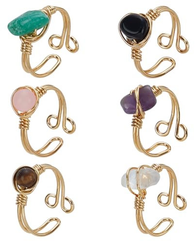 FINGERINSPIRE 6 anelli regolabili con filo d'oro, anello di cristallo curativo, anello irregolare con pietre preziose, colore naturale, anello di quarzo rosa, anello di ametista, Pietra