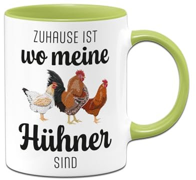 Huhn - Geschenk für Hühnerliebhaber Tasse - Zuhause ist wo meine Hühner sind - Kaffeetasse lustig mit Spruch für Hühnerfreunde - Deko (Grün)