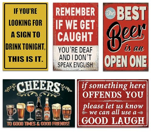 Funny Vintage Metal Tin Bar Signs, 5PCS Bar Accessories for Home Pub Garden Bar Man Cave Garden Plaque, Retro Garage Signs Decor, Gift for Him 20 X 30 cm