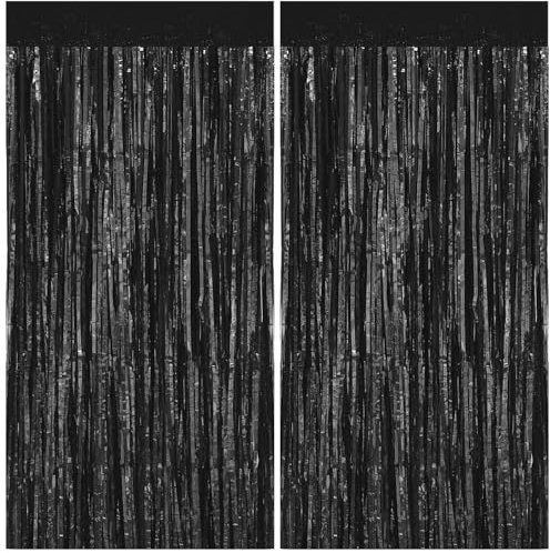 SULOLI 2 Stück Lametta Vorhang,Schwarz Glitzer Vorhang,Luftschlangen,Vorhang Hintergrund Dekoration für Party Deko Geburtstag Hochzeit Neujahr Halloween Karneval