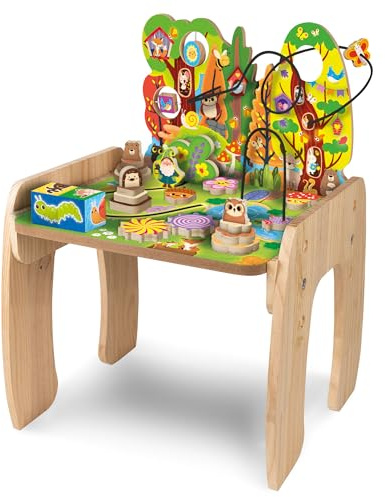 Lisciani - Montessori Entwickelnder Holz Activity-Tisch für Kinder von 1 bis 4 Jahren - Lernspiel mit Labyrinth, Zahnrädern, Steckformen - Höhenverstellbar - Sinnesanregungen.