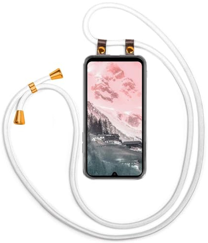 moex Handykette für Samsung Galaxy A26 5G Hülle mit Band abnehmbar, Handyhülle mit Kette zum Umhängen, Handyband 155 cm lang Stoff Kordel Umhängehülle, Handy Umhängeband, Weiß