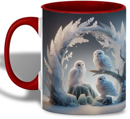 Coffee Mug, Snowy Owl Trio Winter Wonderland Scene Elegant Christmas Red Tea Cup Novely Ceramic Cup Premium Personalised Mug for Anyone Work Kitchen Accessories 330ML