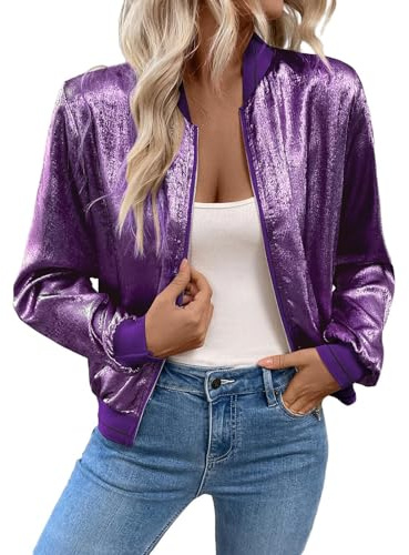 Mrat Women's Bomber Jackets Metallic Sparkly Flight Jackets Long Sleeve Zip Up Coats Ladies Lightweight Biker Jacket Glitter Club Party Festival Baseball Jacket Shiny Look Tops Wedding Dance Going Out