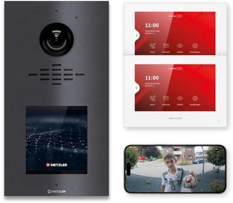 Metzler Video Türsprechanlage mit Kamera, LAN/PoE, 2-Familienhaus, VDM10 | Eisenglimmer DB 703, Touch-Display statt Klingelknöpfen, 2 Innenstationen 7 Zoll, Anschluss für Türöffner, Code und RFID