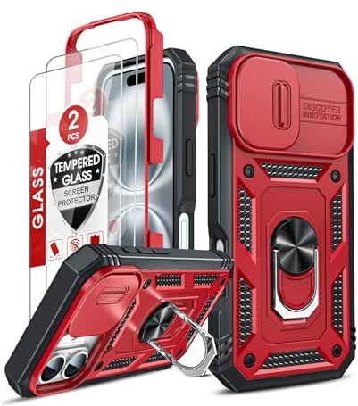 LeYi for iPhone 16 Phone Case with Camera Cover Slider,RedBlack | 2 Tempered Glass Screen Protector, Ring StHolder, 360 Full Body Tough Armour Cover Hard Heavy Duty Case for i Phone 14