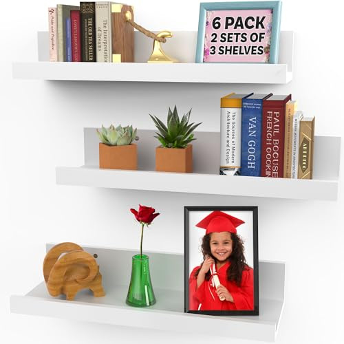 Icona Bay - 40 cm / 16 Inch Floating Shelves for Wall - Set of 6 in Powder White - Modern Rustic Style - Wall Mounted Display Shelves - Picture Ledges