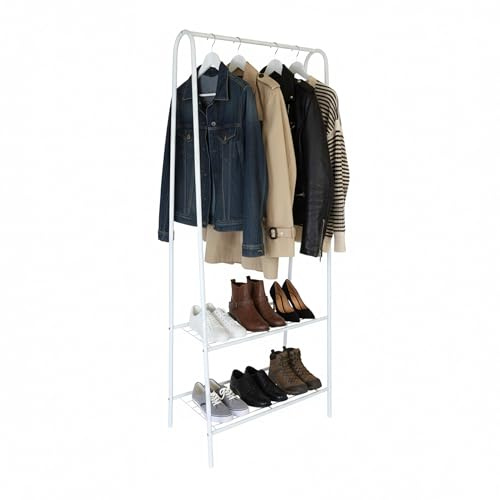 Relaxdays coat rack, 2 wire shelves, H x W x D: 151 x 60 x 34.5 cm, metal, slim design, white