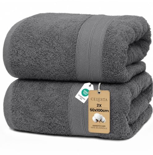 CELESTA Handtücher 50x100 cm, 2er-Set 100% Baumwolle Frottee, Dunkelgrau | OEKO‑TEX zertifiziert, weich & saugstark, ideal für Badezimmer, Gäste‑WC, Küche, Spa, Gym & Sport