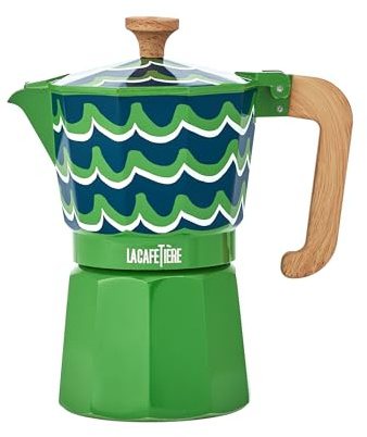 La Cafetière Venice 6 Cup Espresso Maker, 290ml Aluminium Stovetop Coffee Maker with Swirl Design, Gas and Electric Hob Moka Pot with Wooden Handle, Cyan Tides