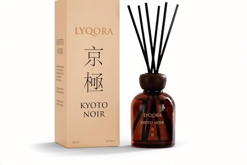 Lyqora Kyoto Noir Luxus Raumduft – Premium Duftstäbchen 200 ml | Luxus Raumduft im edlen Amberglas mit Holzdeckel. Elegante Noten von Moschus & Amber für ein luxuriöses Premium Ambiente