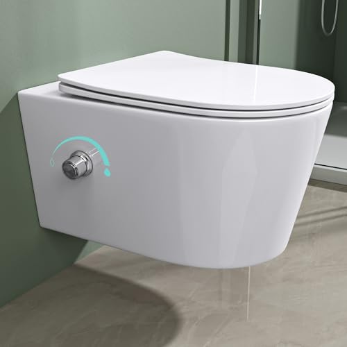 Mai & Mai Hänge WC mit Bidet-Funktion aus Sanitärkeramik 36x53,5x36,5cm | 2-in-1 Wand WC spülrandlos Toilette WC-Sitz mit Soft-Close & Quick-Release, Weiß Aachen601