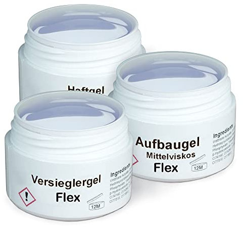 GS-Nails UV Flex-Gel-Set - 3x 15ml Nagelgel für Nail-Art & Nagel-Design - Haftgel, mittelviskoses Aufbaugel, Versiegelungsgel - 45ml