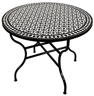 ORIGINAL Marokkanischer Mosaiktisch Gartentisch ø 100cm Groß rund klappbar | Runder klappbarer Mosaik Esstisch Mediterran | als Klapptisch für Balkon oder Garten | (Albaicin Schwarz Weiss)