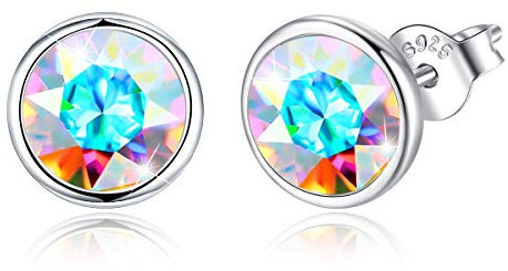 Pendientes clásicos del perno prisionero del cristal de la plata esterlina 925, regalos de boda del cumpleaños del aniversario para las mujeres, caja de joyería elegante (Multicolor)