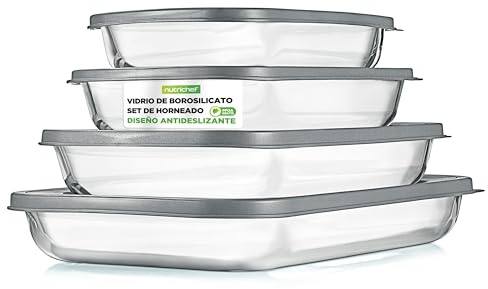 NutriChef Set 4 Pezzi Stampo per Lasagna, Dolci e Pasta, Tiramisu, Contenitori Vetro per Alimenti, Ideale per Verdura e Frutta, Freezer, Forno, Lavastoviglie, Coperchio senza BPA, Grigio