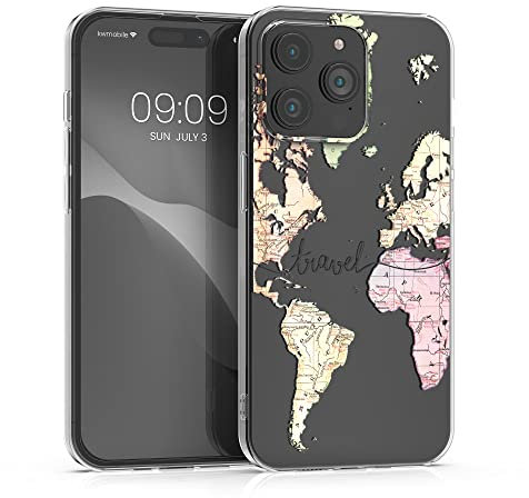 kwmobile Clear Case Compatible with Apple iPhone 14 Pro - Phone Case Soft TPU Cover - Travel Black/Multicolor/Transparent