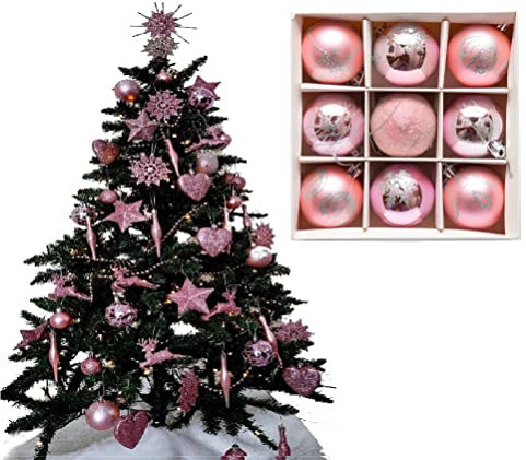 9 palline di lusso di alta qualità, decorazioni per albero di Natale, opache, glitterate, lucide e satinate (6 cm) (color cipria)