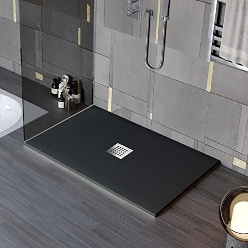 Luminosa ArredoBagno Plato de ducha resina 70 x 120 cm – Modelo Florence – Efecto piedra antideslizante con helcoat Made in Italy – Tapa incluida – Color negro