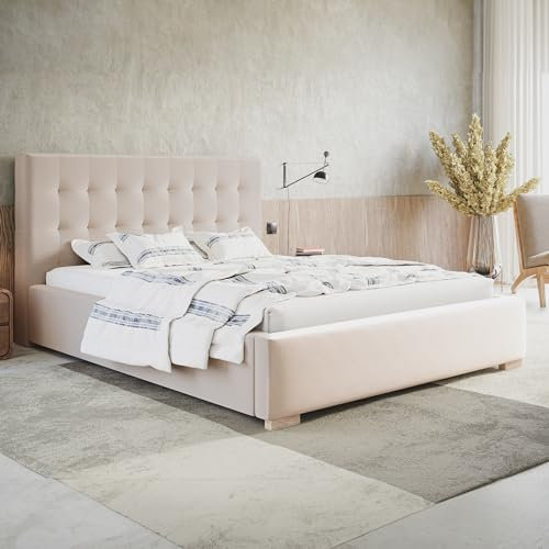 MOTIVENA Deli Polsterbett 200x200 Mit Bettkasten, Lattenrost Und Stauraum, Kopfteil, Ohne Matratze, Samt, Beige (Creme)