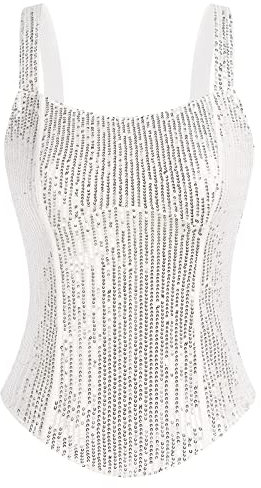 GRACE KARIN Damen Glänzend Spaghettitops Pailletten Spaghetti Tank Top Sommer Tanktop, Farbe: Silber Weiß, Size XL