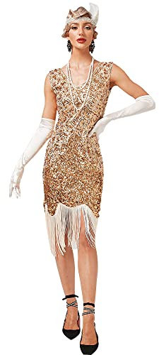 1920er Jahre Great Gatsby Flapper Kleider für Frauen V-Ausschnitt Perlen Fransen Ärmellos Brüllen 20er Jahre Cocktail Halloween Kostüm, Gold, X-Groß