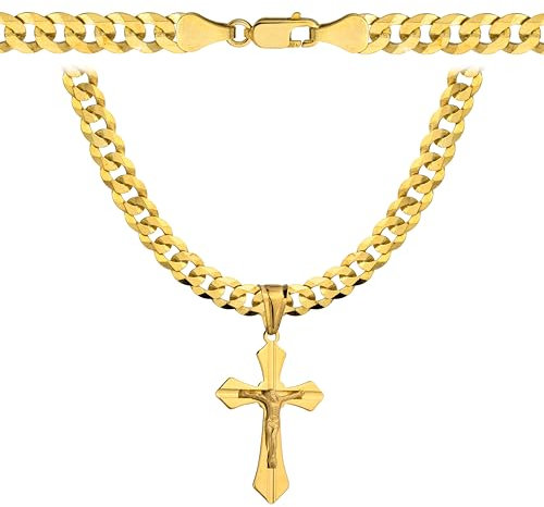 Amor Luxury goldketten herren kreuz 585, Kette Herren 925/585 - goldkette herren 585 massiv 60 cm - Kreuz Kette - Goldkette Kreuzkette - Halskette Herren 6,5 mm Panzerung