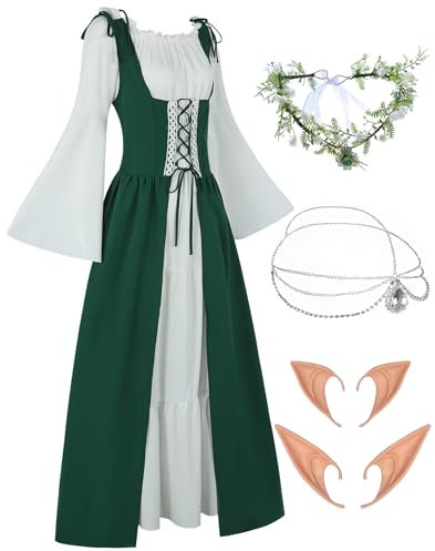 Gothic Kleidung Damen Mittelalter Renaissance Kleid Trompetenärmel Vintage Kleider Karneval Kostüm Piraten Cosplay Outfit mit Kopf Kette Blumenkranz Elfenohren Overknee Socken FR036M