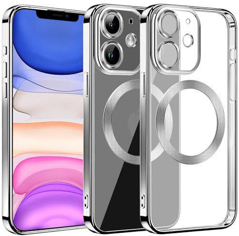 S. Dawezo Klare Magnetische Hülle für iPhone 11, kompatibel mit MagSafe Kabelloses Laden, Militärnorm Schutz, Kratzfest, Stoßfest, Schlanke Transparente Silikonhülle für iPhone 11 Hülle, Silber